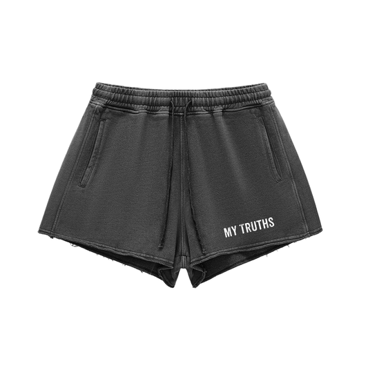 My Truths Snow Washed Raw Edge Drawstring Shorts